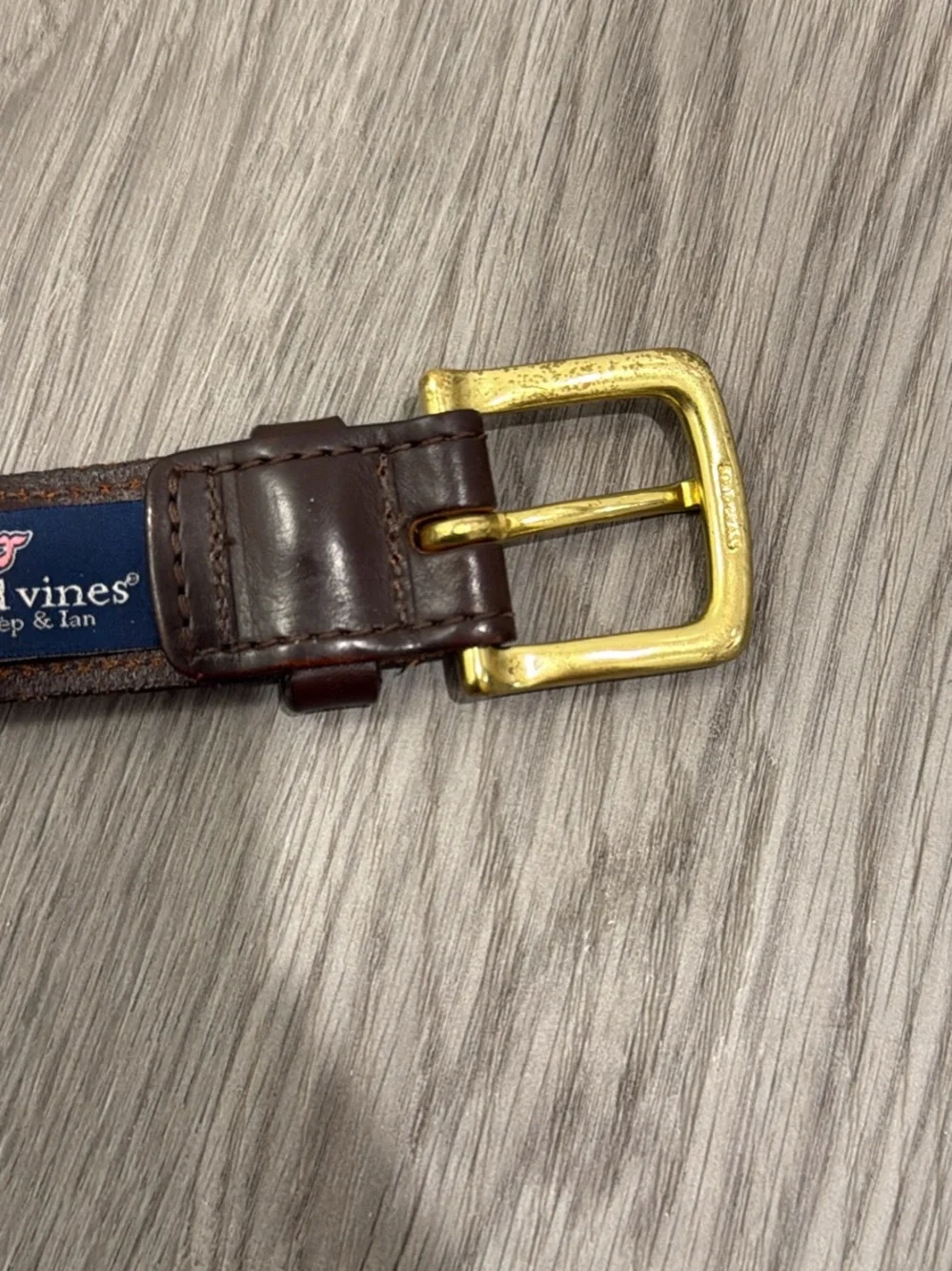 Vineyard Vines Navy Woven Belt with Brown Leather & Gold Buckle